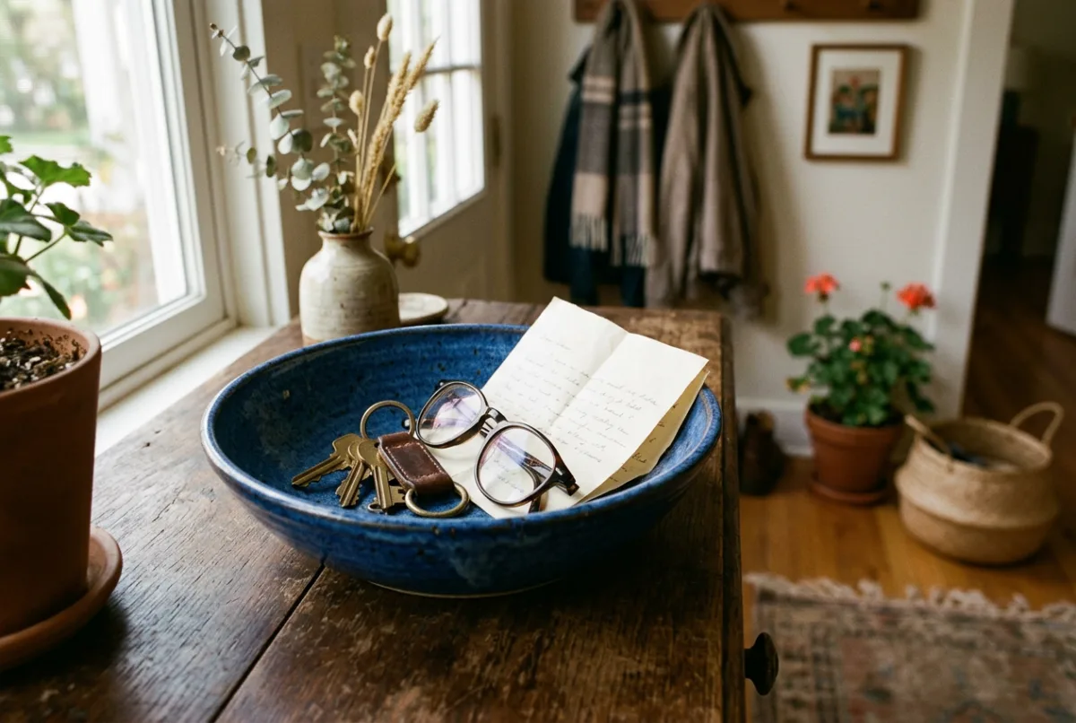 A chipped blue ceramic bowl by a front door, holding a set of keys, a wallet, and a pair of reading glasses