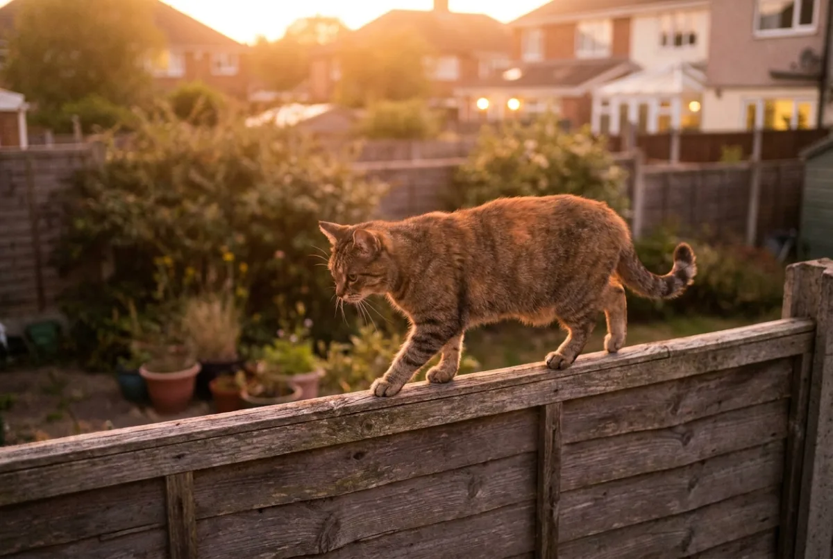 A ginger cat sitting on top of a garden fence at dusk, looking out over neighbouring gardens
