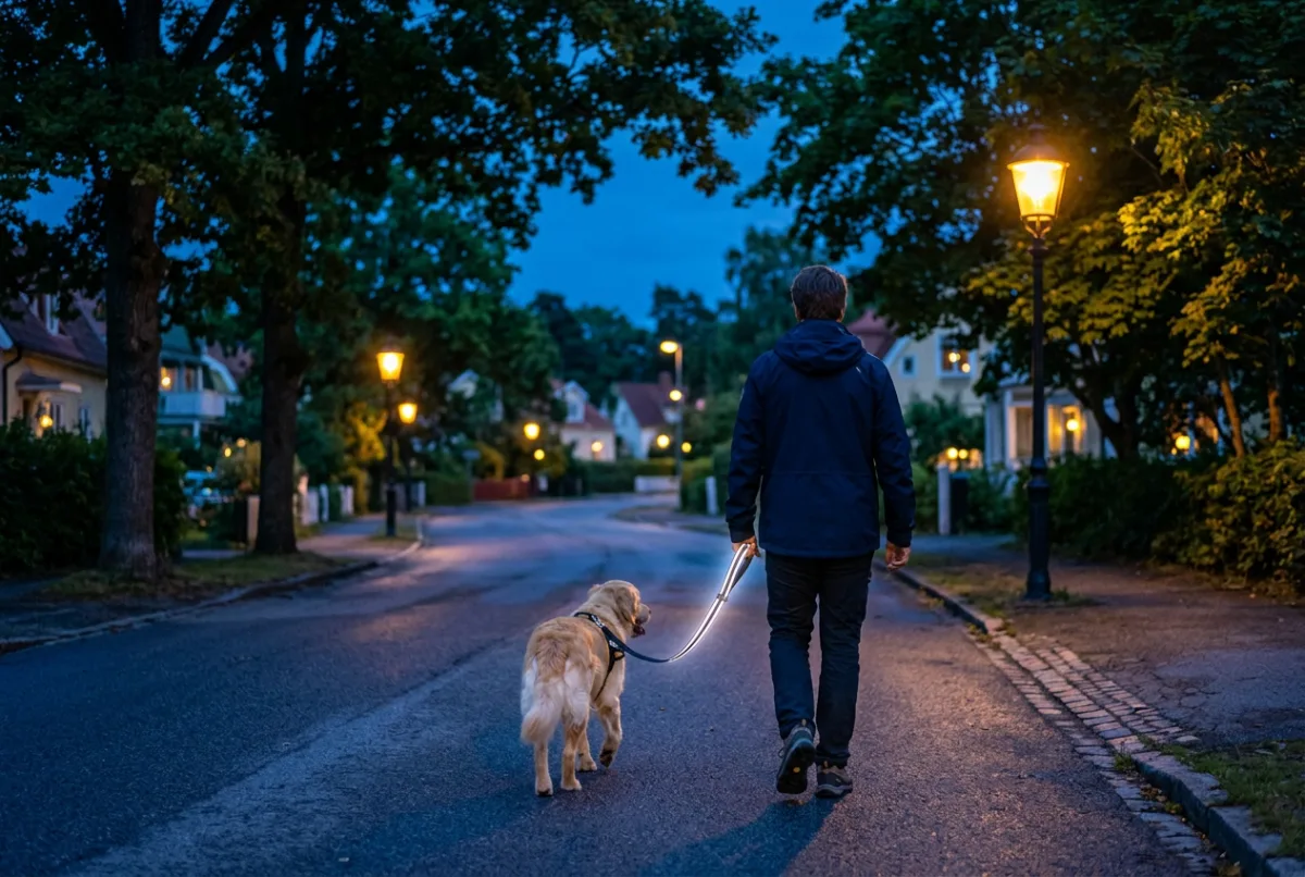 A person walking a dog on a lit path at dusk, both wearing reflective gear, streetlights beginning to glow