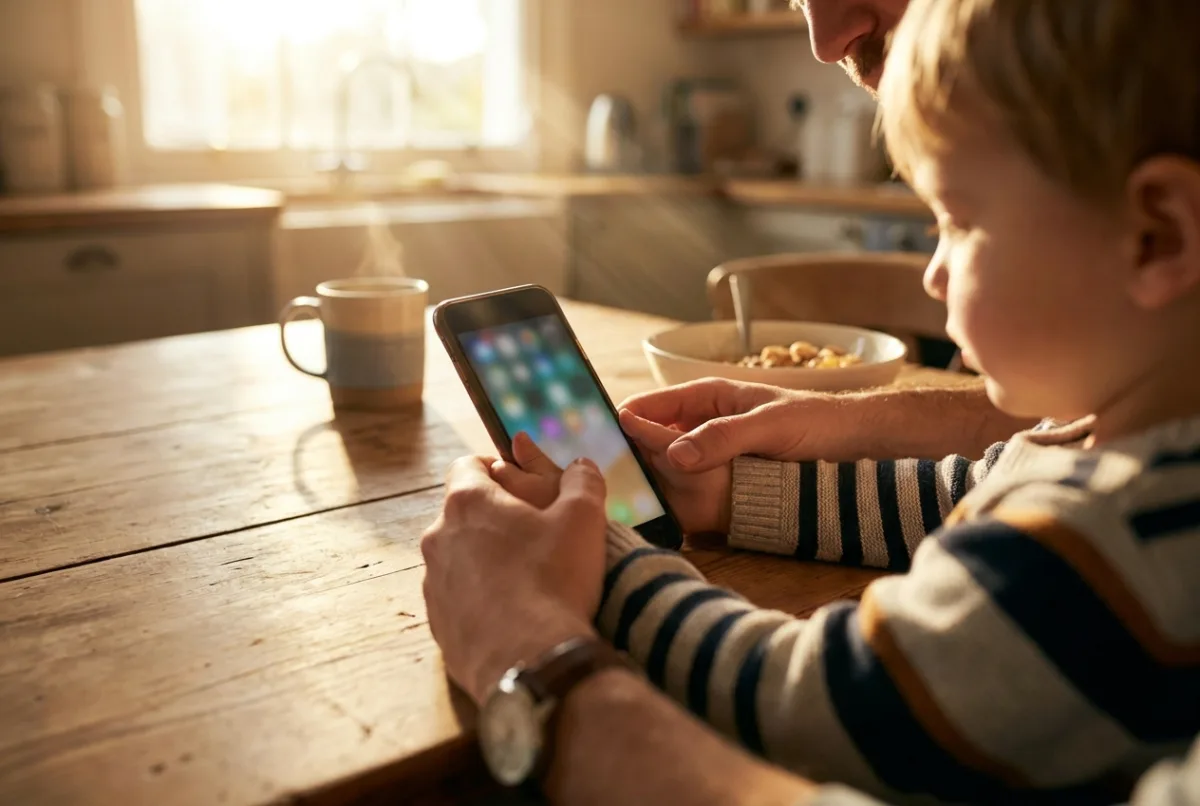 A parent and child sitting at a kitchen table setting up a first smartphone together