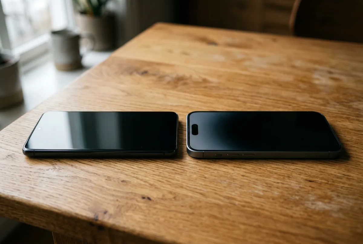An iPhone and an Android phone lying side by side on a table, both showing a map with a location pin
