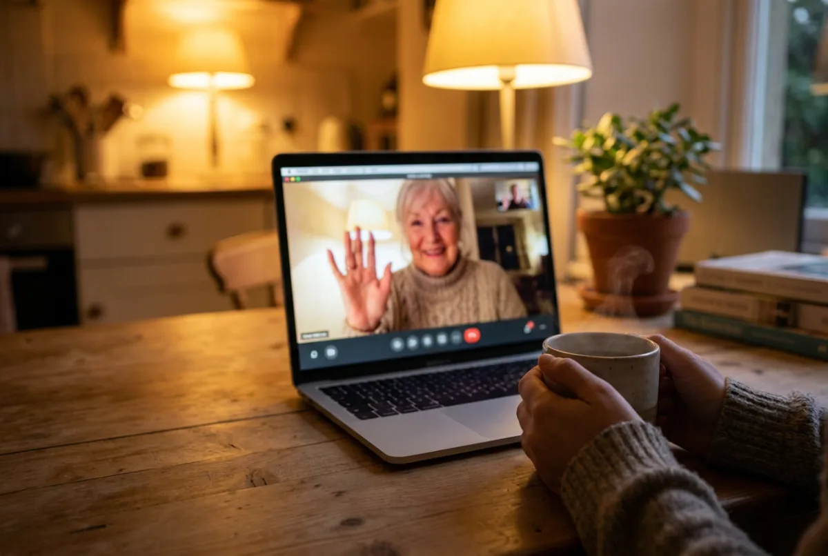 A laptop open on a kitchen table showing a video call in progress, with a cup of tea beside it