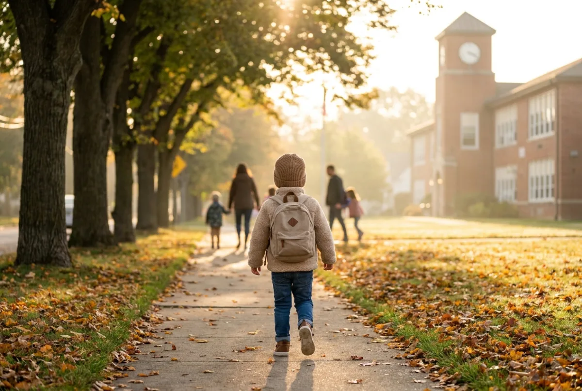 A child with a backpack walking along a quiet neighbourhood pavement on the way to school
