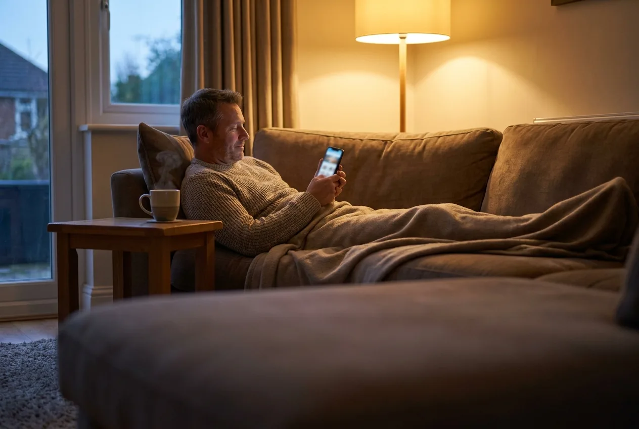 Reviewing the day's route on a phone at the kitchen table