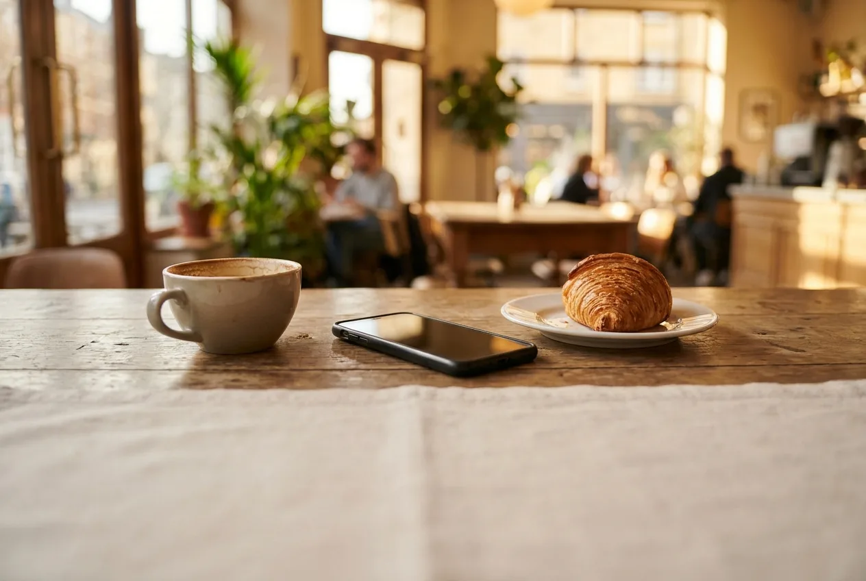 Searching for a misplaced phone left behind on a cafe seat