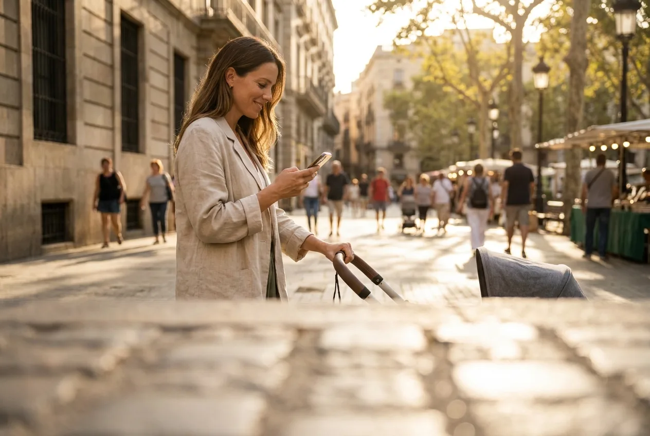 A parent checking the live family map while out in the city